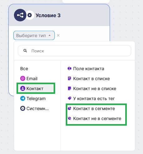 Как проверить наличие контакта в сегменте. 