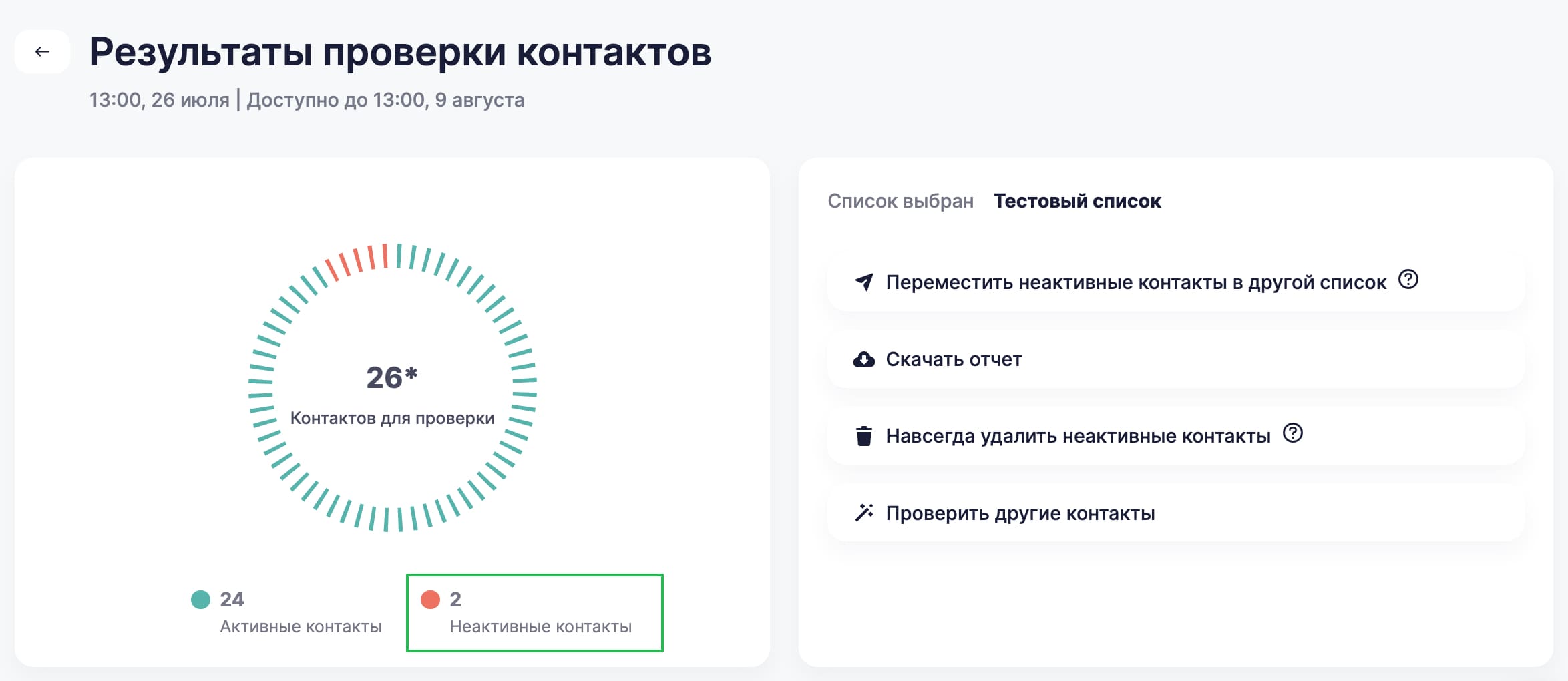 Результат проверки контактов. 