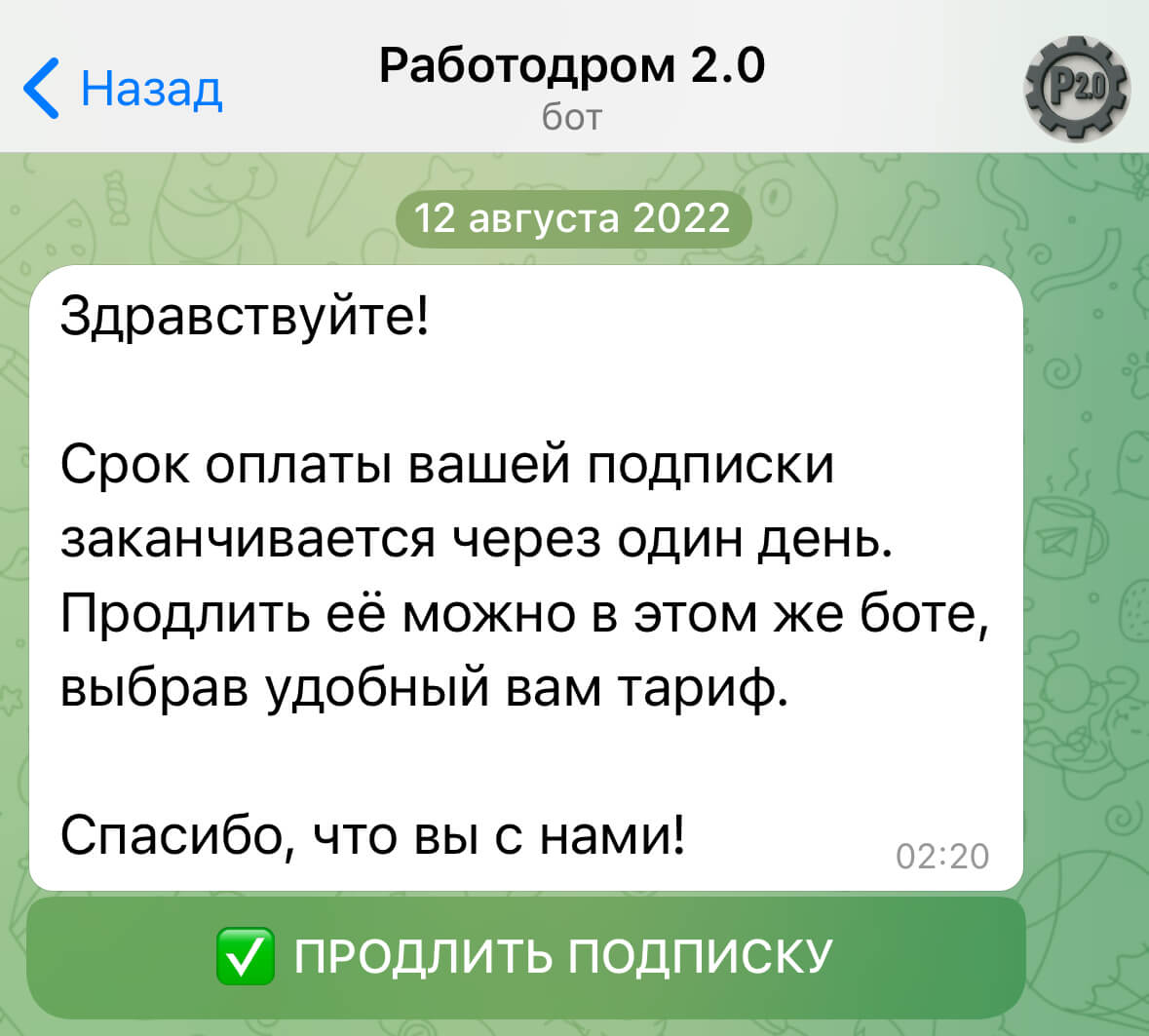 скриншот бота «Работодром»
