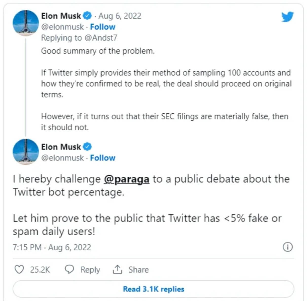 скриншот сообщений Илона Маска в Twitter