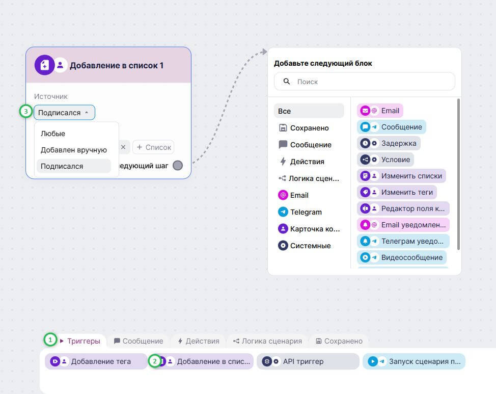 Как добавить триггер «Добавление в список». 