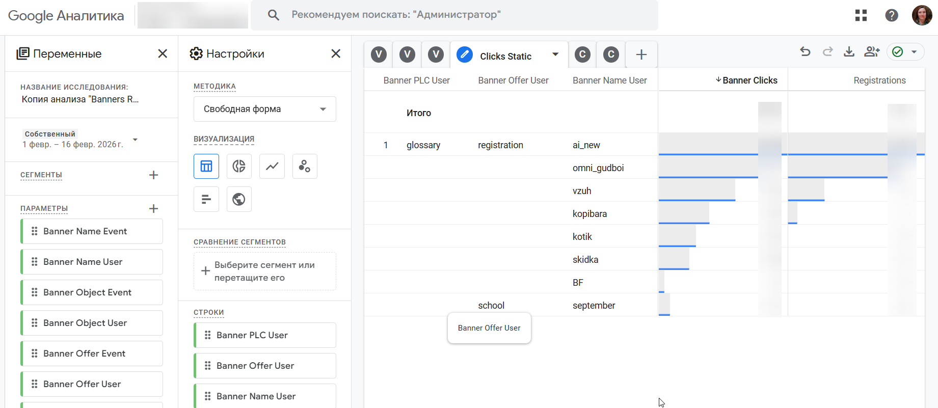 Пример исследования в GA4 по баннерам