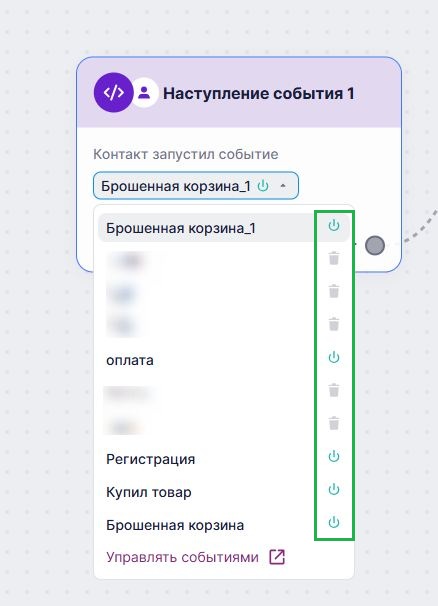 Включенные и выключенные события в триггере по событию.