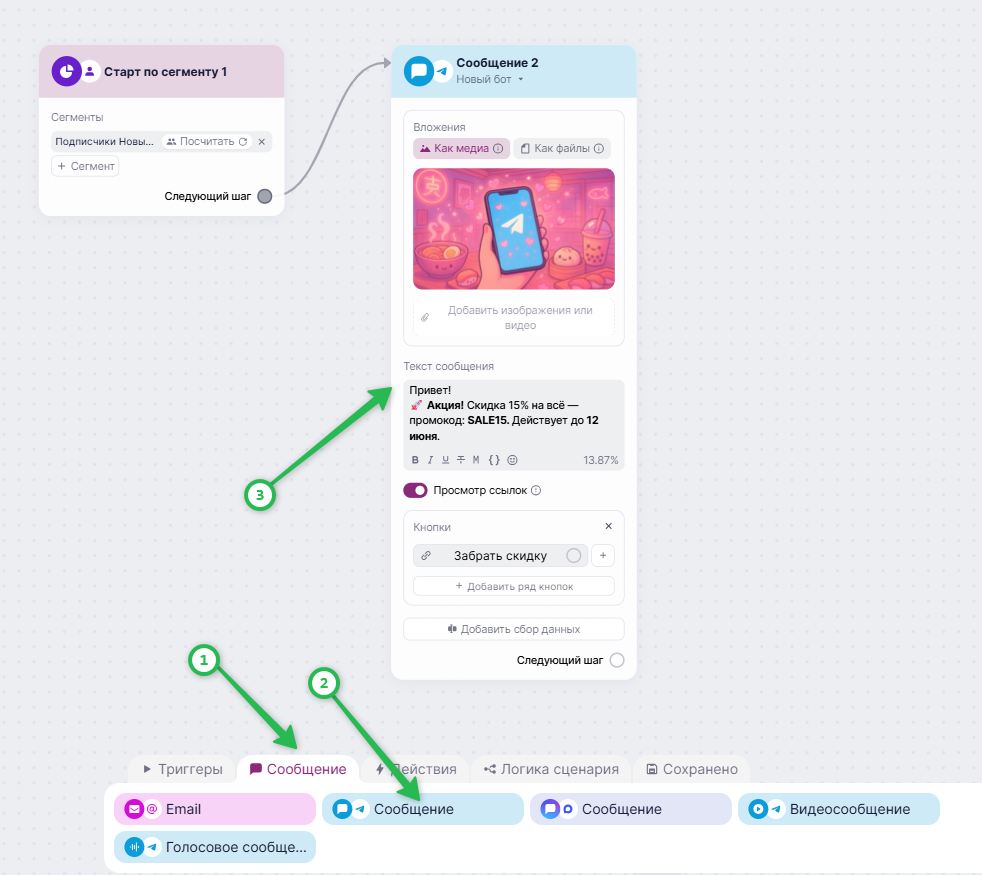 Как добавить «Текстовое сообщение в Telegram» в сценарий.