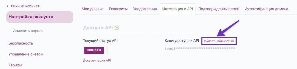 Как скопировать API-ключ.